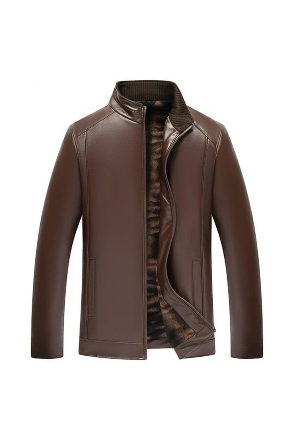 Wancir Men's Stand Collar Fleece Lined Bomber Faux Leather Jacket