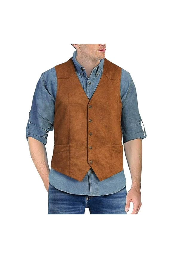 Wancir Men's Suede Leather Suit Vest V Neck Cowboy Vest Vintage 5 Snaps Western Vests Casual Waistcoat for Wedding Prom