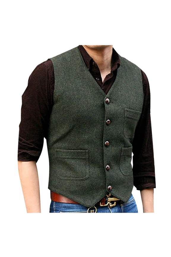Wancir Men's Suede Leather Suit Vest V Neck Cowboy Vest Vintage 5 Snaps Western Vests Casual Waistcoat for Wedding Prom