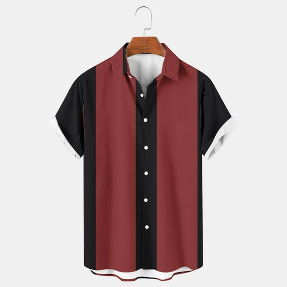 Wancir Men's Vintage Bowling Shirts 1950s Casual Short Sleeve Button Up Contrast Shirt Summer Color Block Cuban Shirts