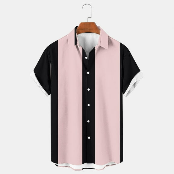 Wancir Men's Vintage Bowling Shirts 1950s Casual Short Sleeve Button Up Contrast Shirt Summer Color Block Cuban Shirts