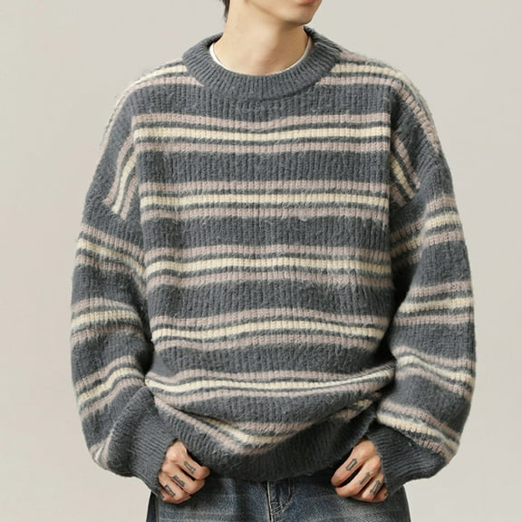 Wancir Men's Vintage Striped Sweater Oversized Knitted Pullover Crewneck Long Sleeve Colorblock Jumper Tops