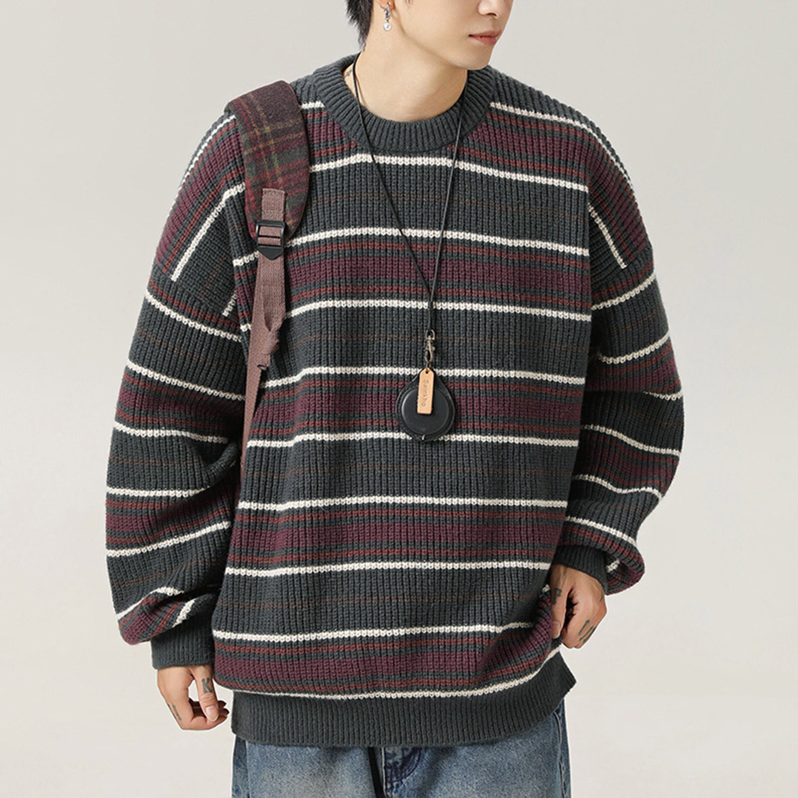 OCUH Grandpa Sweater Striped Sweater Women Ribbed Knit