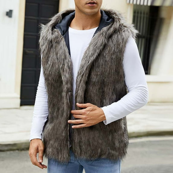 Wancir Men's Warm Faux Fur Hooded Waistcoat Short Vest Jacket Coat Sleeveless Outwear
