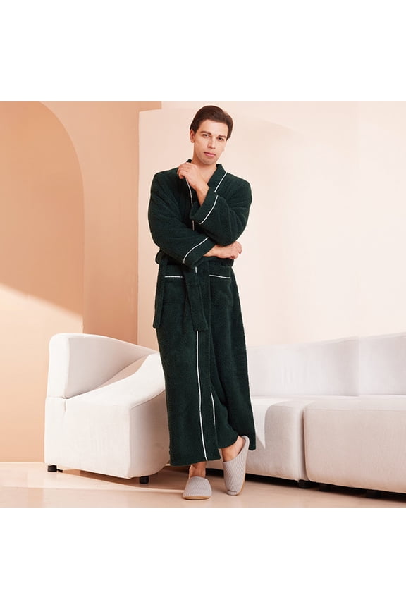 Wancir Men's Warm Kimono Bathrobes Gown Thick Long Flannel Couple Robe Sleepwear Casual Loose Home Clothes