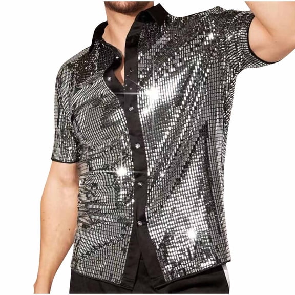 Wancir Mens Button Down Disco Shirt Outfit Men Retro 70s Shirts for Men Sequin Metallic Short Sleeve Disco Outfits Party Costume Top