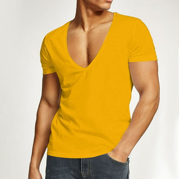 Wancir Mens Deep V Neck T Shirt Stretch Muscle Gym Workout Tee Shirt Short Sleeve Slim Fit Low Cut Tank Tops