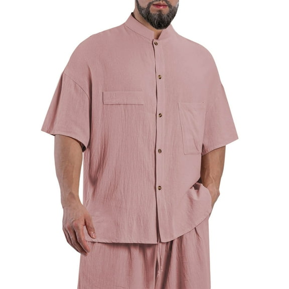 Wancir Mens Linen Shirts Short Sleeve Button Down Shirts Cotton Summer Beach Cuban Shirts Vacation Hawaiian Shirts