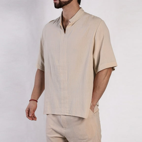 Wancir Mens Linen Shirts Short Sleeve Button Down Shirts Cotton Summer Beach Cuban Shirts Vacation Hawaiian Shirts