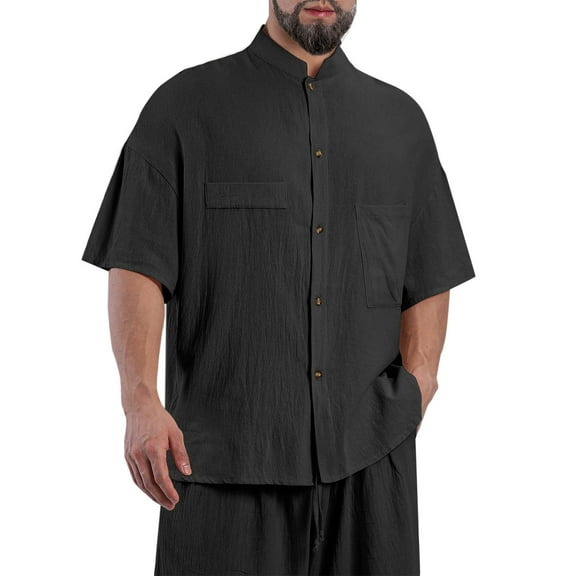 Wancir Mens Linen Shirts Short Sleeve Button Down Shirts Cotton Summer Beach Cuban Shirts Vacation Hawaiian Shirts