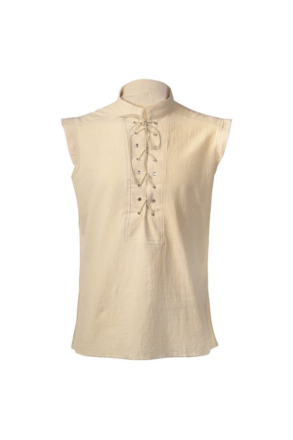 Wancir Mens Medieval Renaissance Pirate Costume Sleeveless Lace-up Stand Collar Shirt Gothic Viking Steampunk Top Tunic