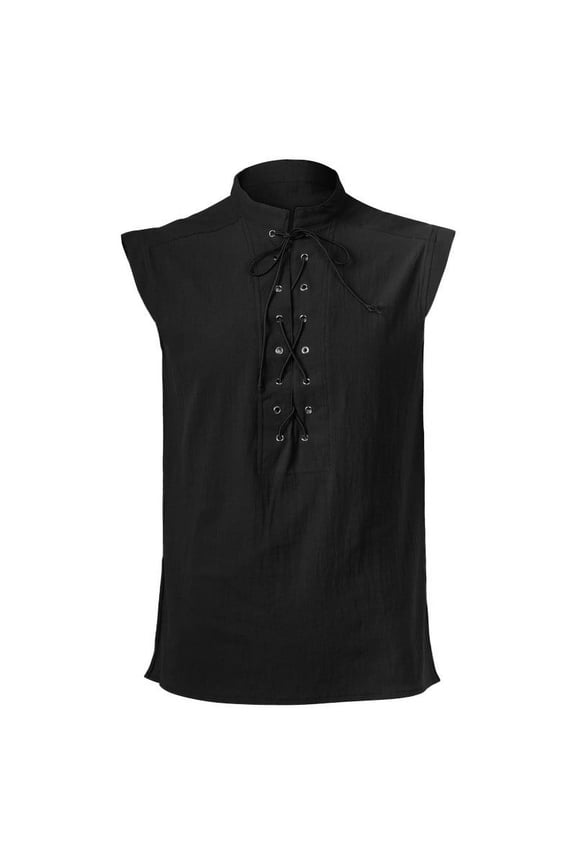 Wancir Mens Medieval Renaissance Pirate Costume Sleeveless Lace-up Stand Collar Shirt Gothic Viking Steampunk Top Tunic