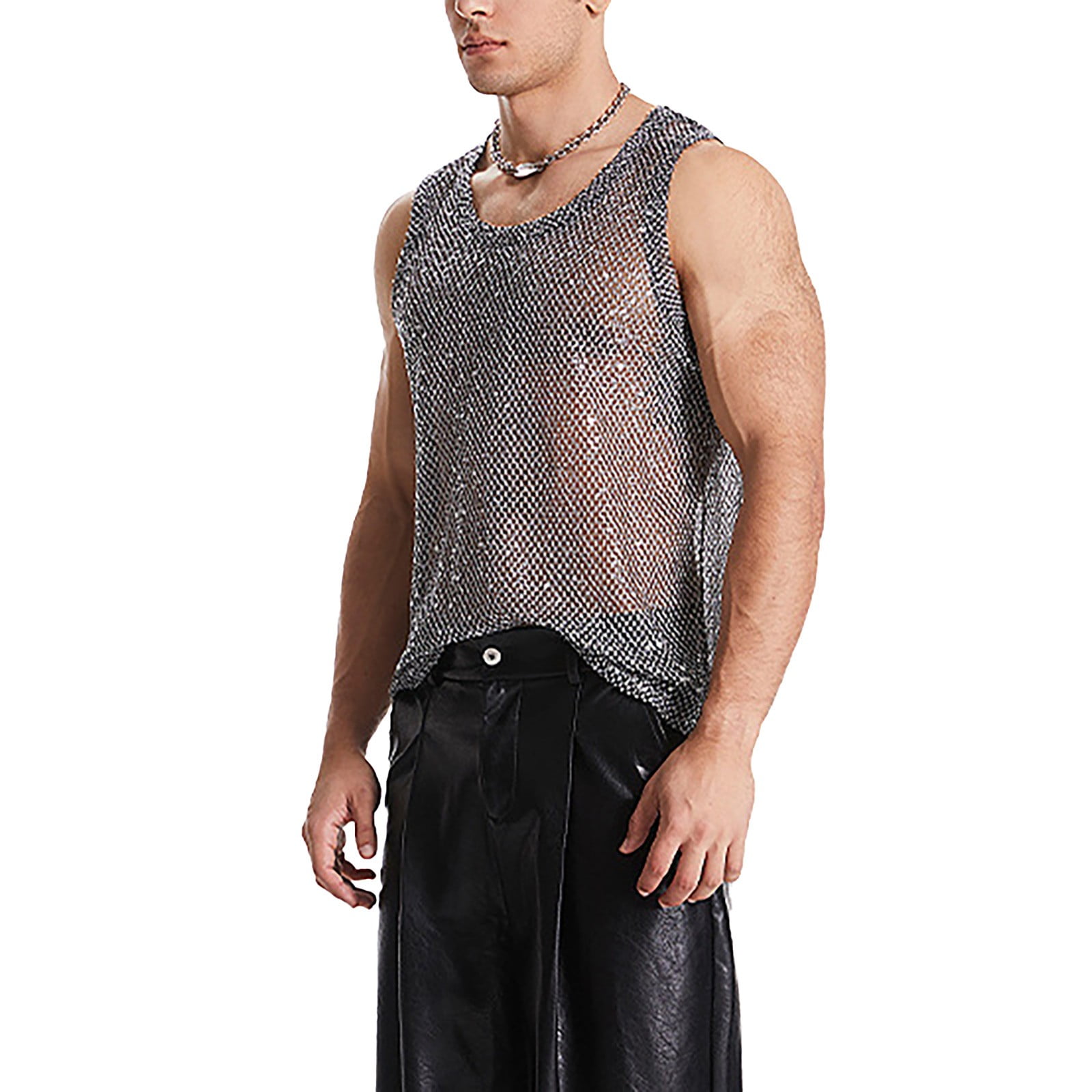 美品 サプライヤー MESH TANKTOP VEGAS Wancir Mens Sexy Silver Metallic Reflective Fishnet Tank