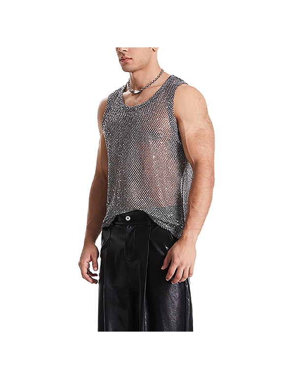 Wancir Mens Sexy Silver Metallic Reflective Fishnet Tank Tops Sleeveless See Through mesh Tank Shirt,Muscle Shirt for Men
