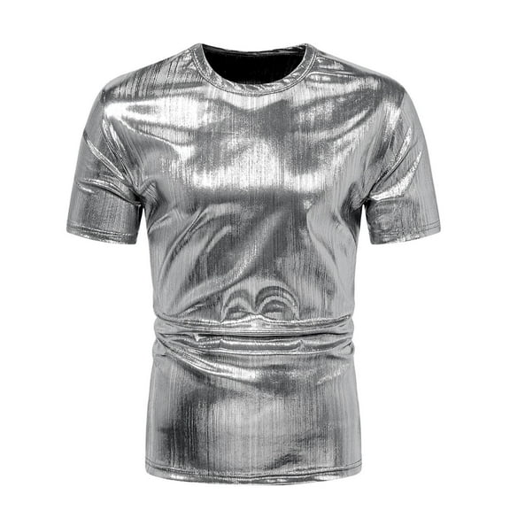 Wancir Mens Shirts Casual Stylish Metallic Tops Slim Fit Sparkly Sequin Short Sleeve Crewneck Vintage 70s Disco Streetwear