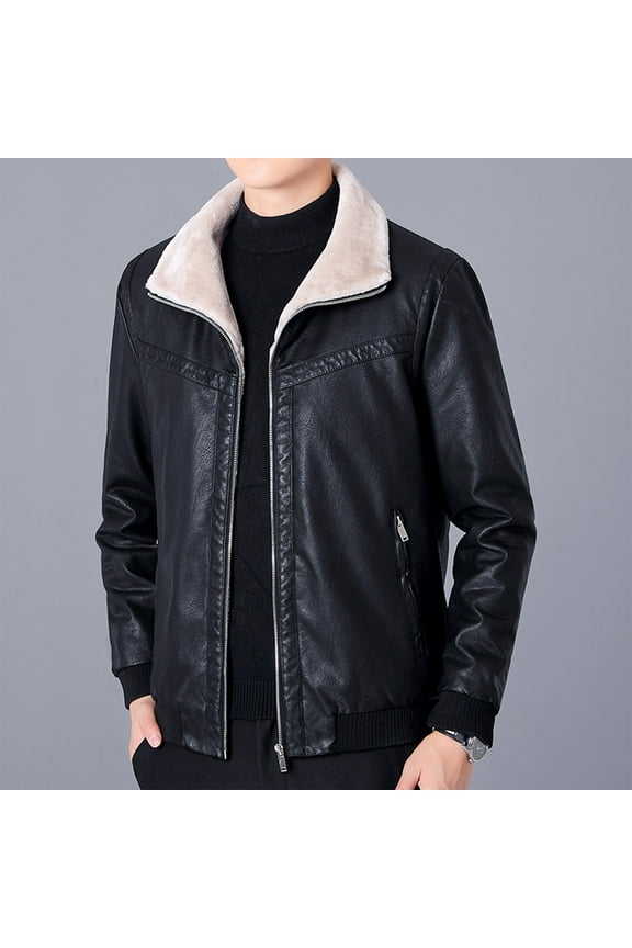 Wancir Mens Stand Collar Casual Leather Jacket Men Winter Fleece Motorcycle PU Leather Jacket Slim Windbreaker Coat