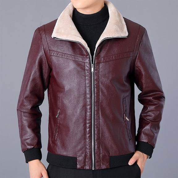 Wancir Mens Stand Collar Casual Leather Jacket Men Winter Fleece Motorcycle PU Leather Jacket Slim Windbreaker Coat