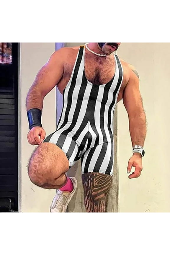 Wancir Mens Striped Wrestling Singlet Bodysuit One Piece Swimsuit Stretchy Base Layers Pajamas Leotard Athletic Jumpsuit