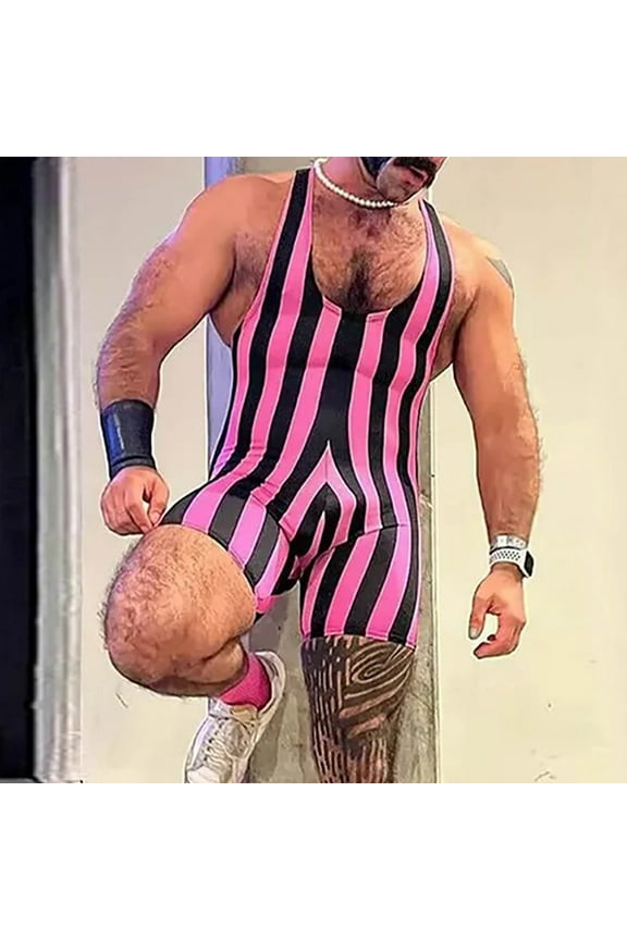 Wancir Mens Striped Wrestling Singlet Bodysuit One Piece Swimsuit Stretchy Base Layers Pajamas Leotard Athletic Jumpsuit