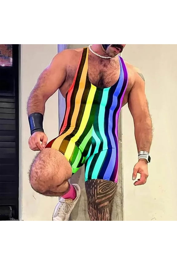 Wancir Mens Striped Wrestling Singlet Bodysuit One Piece Swimsuit Stretchy Base Layers Pajamas Leotard Athletic Jumpsuit