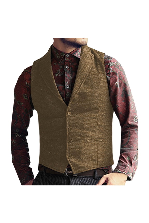 Wancir Mens V Neck Suit Vest Retro 5 Button Suede Leather Regular Fit Casual Waistcoat for Prom,Husband Gift,Daily Wear