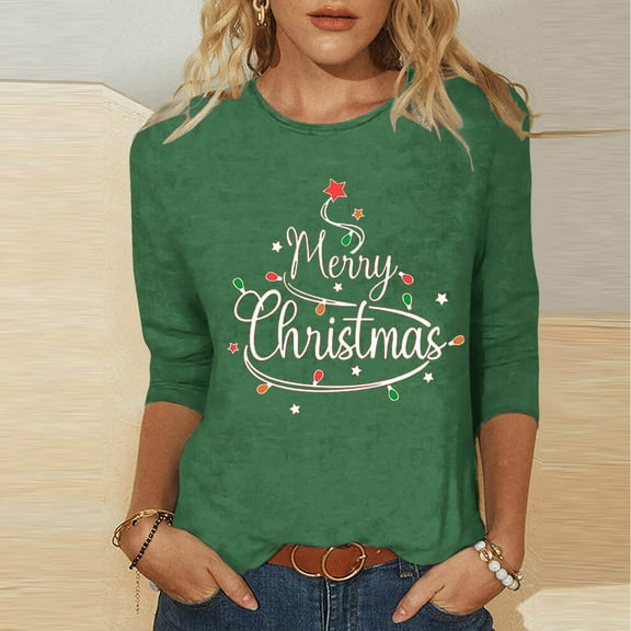 Wancir Merry Christmas Shirt 3/4 Length Sleeve Womens Blouse Holiday Santa Claus Graphic Printed Tshirts Tops