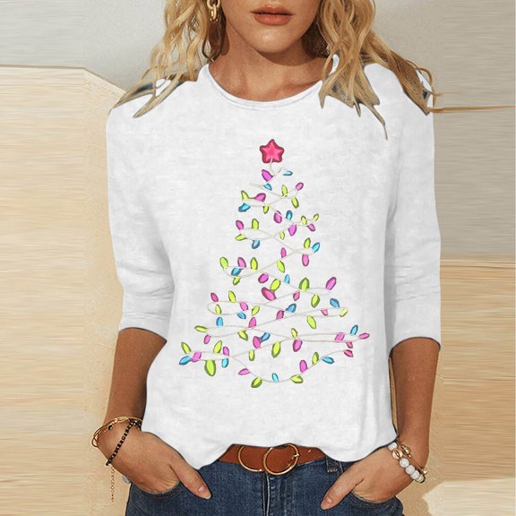 Wancir Merry Christmas Shirt 3/4 Length Sleeve Womens Blouse Holiday Santa Claus Graphic Printed Tshirts Tops