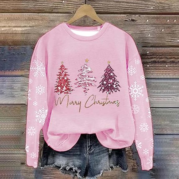 Wancir Merry Christmas Sweatshirt For Women Plaid Pink Christmas Tree Cute Blouse Xmas Farm Holiday Pullover Tops