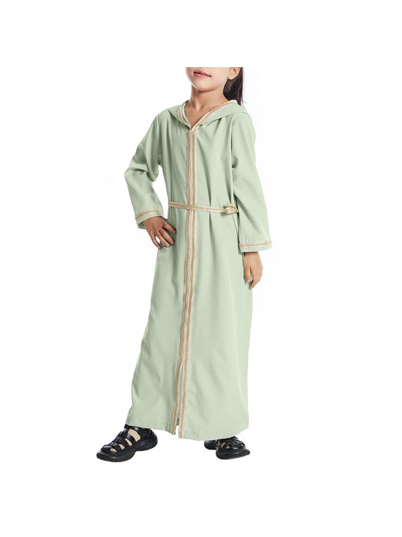 Wancir Muslim Girl Abaya Dress for Kids Long Sleeve Islamic Kaftan Robe Zipper Hooded Maxi Muslim Dress Dubai Prayer Clothes