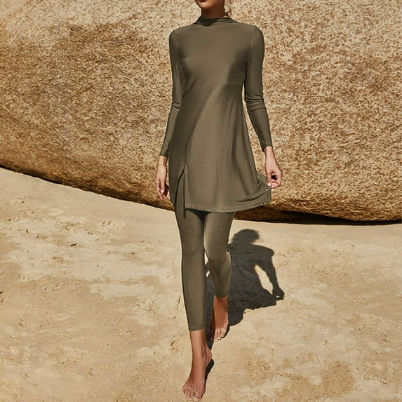Wancir Muslim Swimsuit for Women Rash Guard Set 2 Pieces Long Sleeve Modest Swimwear with Swim Cap Surfing Bathing Suit