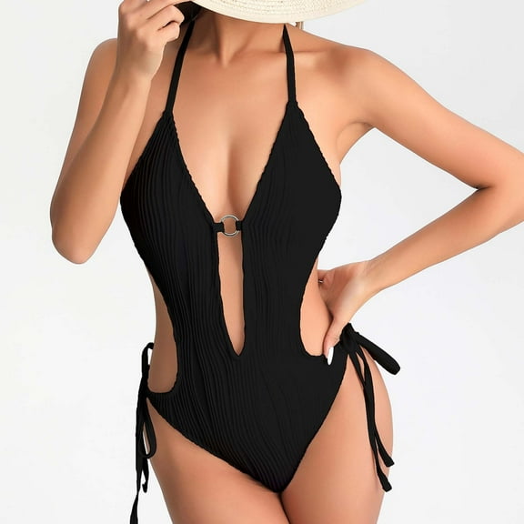 Wancir One Piece Swimsuit for Women Halter Deep V Neck Side Tie Bathing Suit Tummy Control High Cut Monokini Swimwear