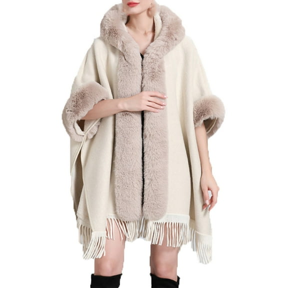 Wancir Poncho Hooded Shawl Wrap Women Cape Winter Faux Fur Trim Coat Sleeveless Cardigan Dressy Cloak for Party