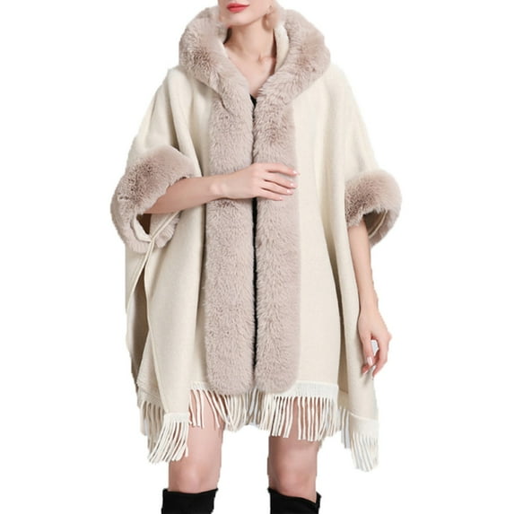 Wancir Poncho Hooded Shawl Wrap Women Cape Winter Faux Fur Trim Coat Sleeveless Cardigan Dressy Cloak for Party