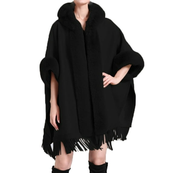 Wancir Poncho Hooded Shawl Wrap Women Cape Winter Faux Fur Trim Coat Sleeveless Cardigan Dressy Cloak for Party