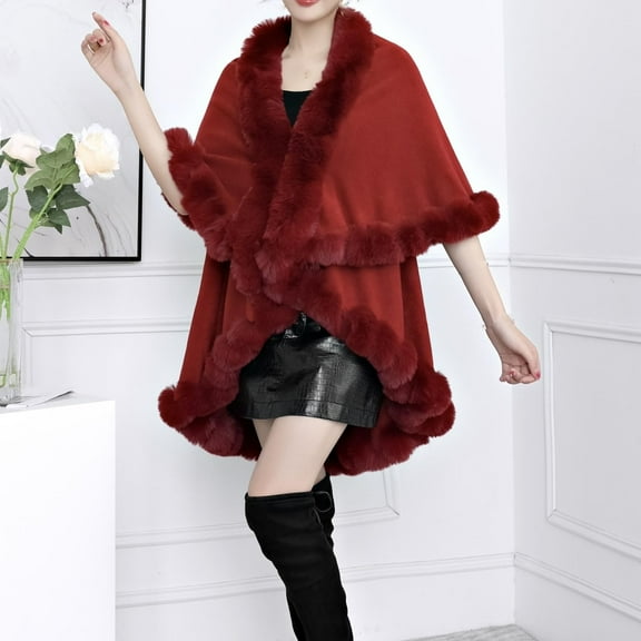 Wancir Poncho Shawl Wrap Winter Faux Fur Cape Cloak Coat with Faux Fur Trim Sleeveless Cardigan for Party