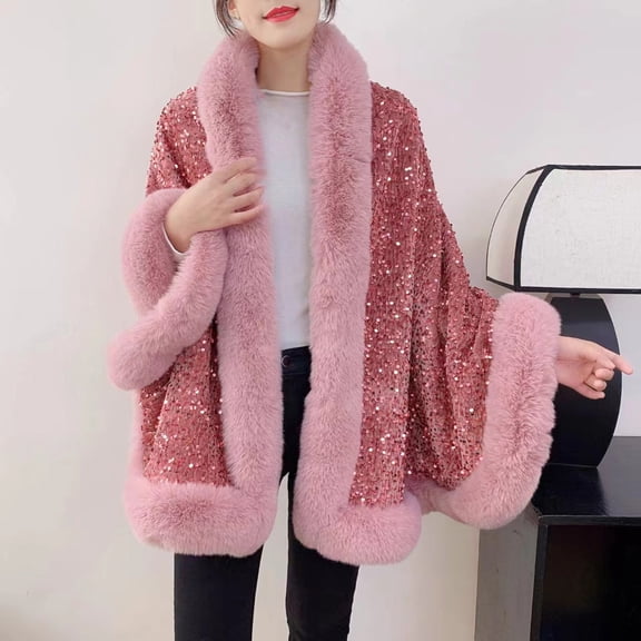 Wancir Poncho Shawl Wrap Winter Faux Fur Cape Cloak Coat with Faux Fur Trim Sleeveless Cardigan for Party