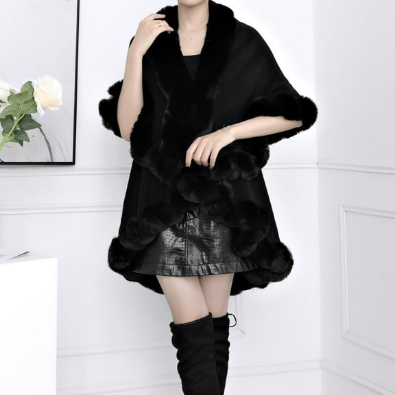 Wancir Poncho Shawl Wrap Winter Faux Fur Cape Cloak Coat with Faux Fur Trim Sleeveless Cardigan for Party
