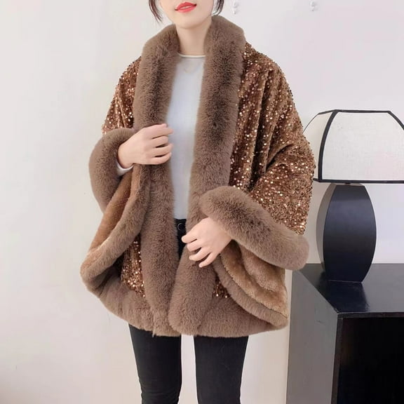 Wancir Poncho Shawl Wrap Winter Faux Fur Cape Cloak Coat with Faux Fur Trim Sleeveless Cardigan for Party