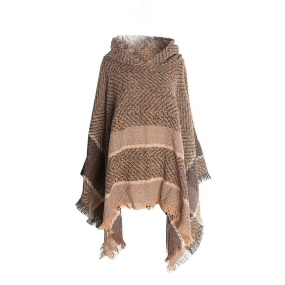 Wancir Poncho Sweaters for Women Knitted Hooded Cape with Fringed Hem Crochet Poncho Pullover Sweaters Knit Pattern