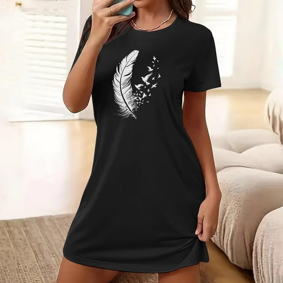 Wancir Sleep Shirts for Women Short Sleeve Cotton Novelty Night Shirts V Neck Oversized Nightgowns Cute Printed Nightdress