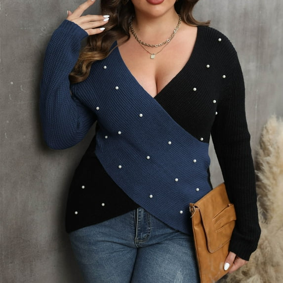 Wancir Sweaters for Women Sleeve Sexy Deep V Neck Casual Knit Striped Pullover Sweater