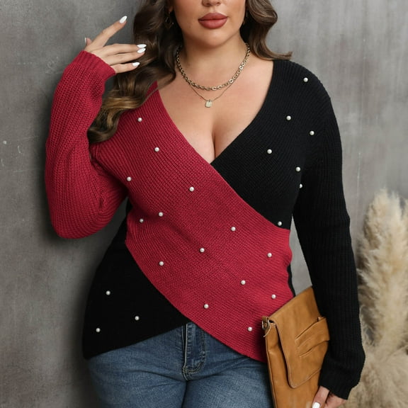 Wancir Sweaters for Women Sleeve Sexy Deep V Neck Casual Knit Striped Pullover Sweater