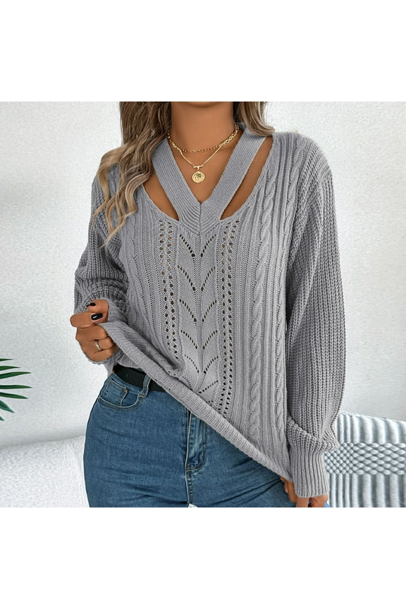 Wancir Sweaters for Women Sleeve Sexy Deep V Neck Casual Knit Striped Pullover Sweater