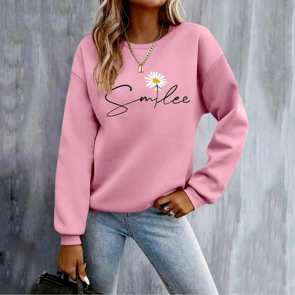 Wancir Sweatshirts Smile Crewneck Sweatshirt Smile Fashion Casual Letter Print Long Sleeve Shirt Pullover Tops