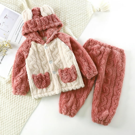 Wancir Toddler Baby Fleece Set Winter Pullover Tops Pants 2pcs Set,Toddler Bear Sweatshirt Set Fluffy Onesie Toddler