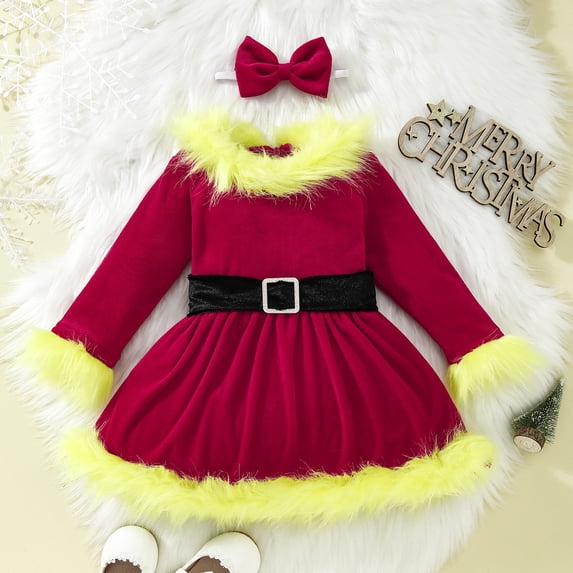 Wancir Toddler Baby Girl Christmas Dress Santa Claus Red Velvet Dress Long Sleeve Furry Princess Dress with Headband Outfit