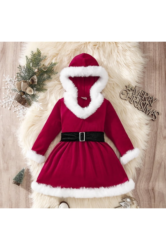 Wancir Toddler Baby Girl Christmas Dress Santa Claus Red Velvet Dress Long Sleeve Furry Princess V-neck hooded dress