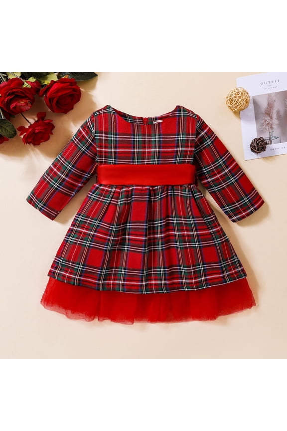 Wancir Toddler Baby Girl Christmas Dress Santa Claus Red Velvet Dress Long Sleeve Furry Round Neck Plaid Gauze Dress