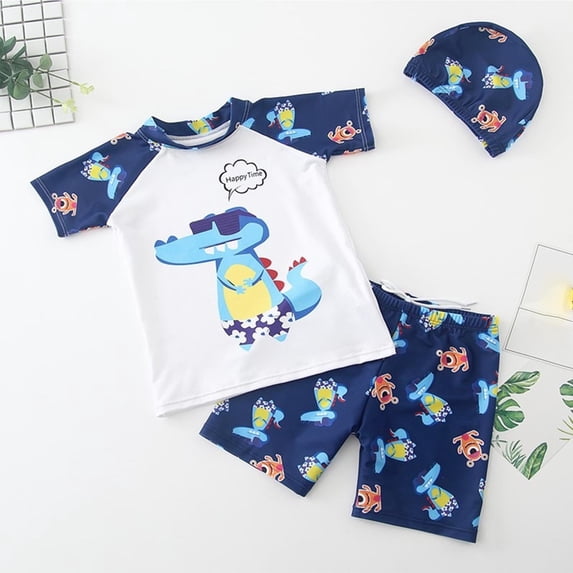 Wancir Toddler Boy 3-Piece Swimwear Set Baby Boy Swimsuit with Hat UPF 50+ Rash Guards Short Sleeve Bathing Suit for Boys 6-16T