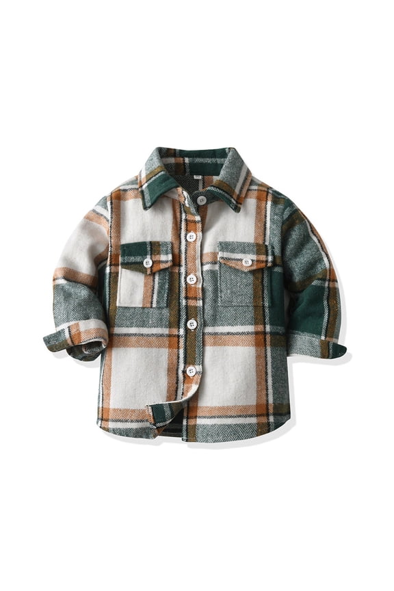 Wancir Toddler Boys' Girls' Flannel Plaid Shirt Button Down Long Sleeve Jacket Lapel Shacket Coat Tops Casual Outwear
